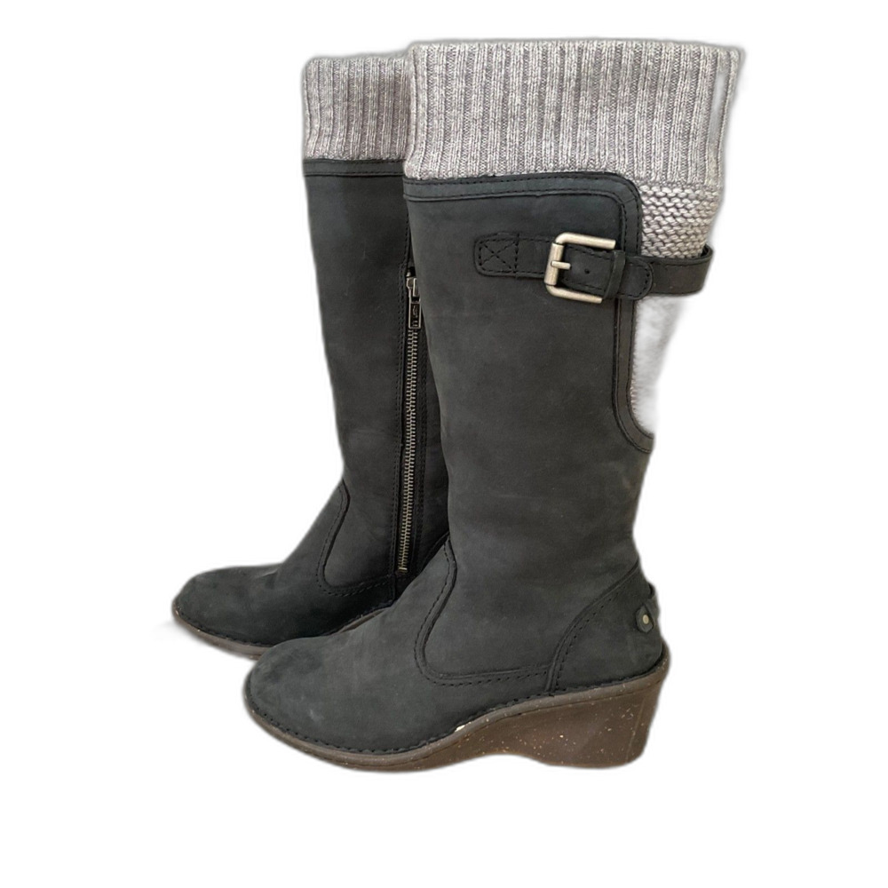 Ugg Skyfall Boots Women's Size 6 black gray leather wool  /sock Buckle wedge